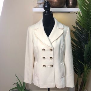 Ann Taylor Double Breasted Wool Cashmere Ivory Herringbone Detail Jacket Medium